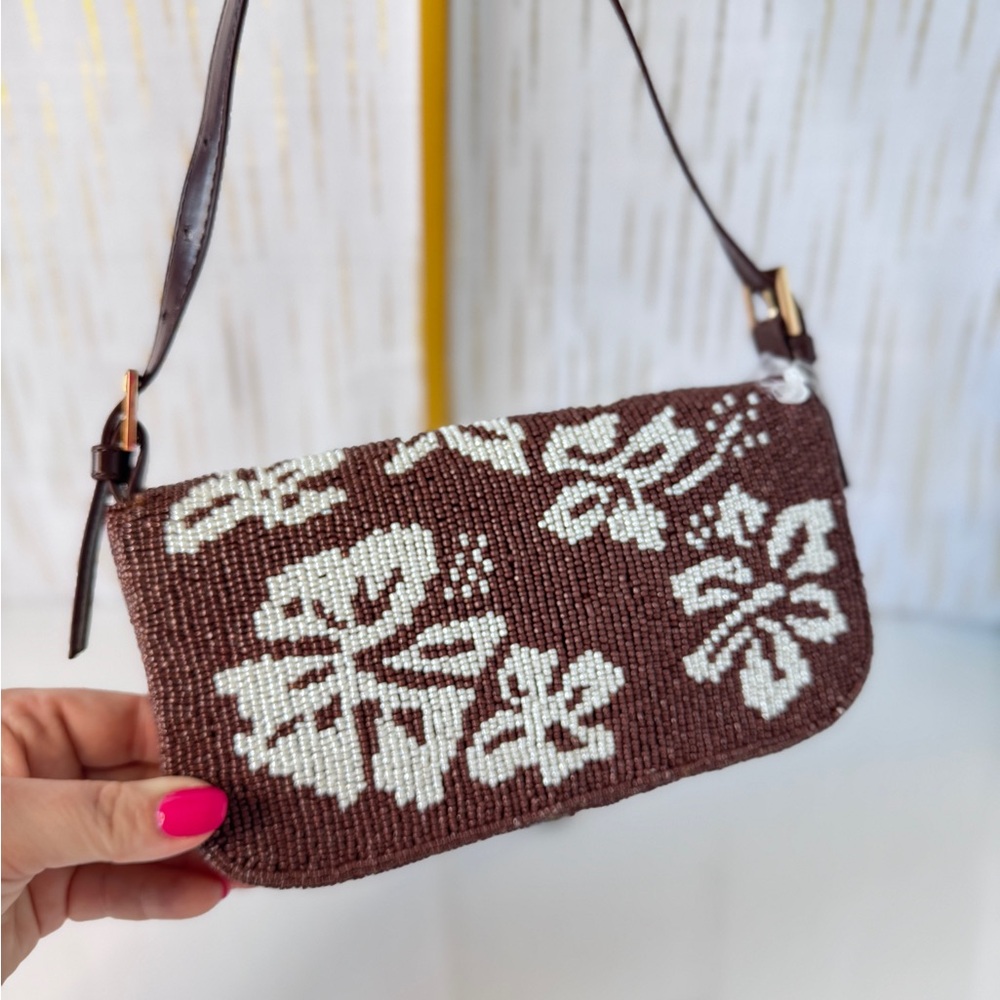 Handmade Beaded Y2K Shoulder Bag – Floral Brown & White – NWT - Picture 7 of 11
